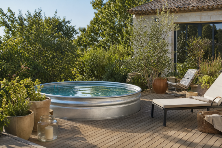 Bassin en acier galvanisé installé dans un jardin avec terrasse bois et plantes