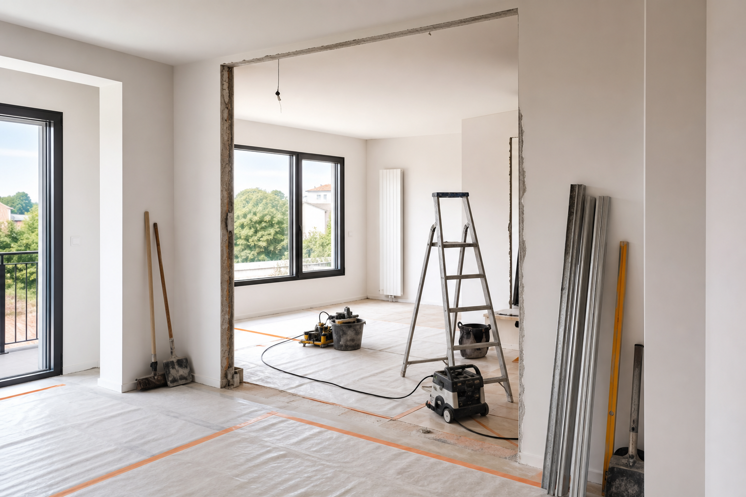 Cloison non porteuse ouverte pendant des travaux de rénovation intérieure