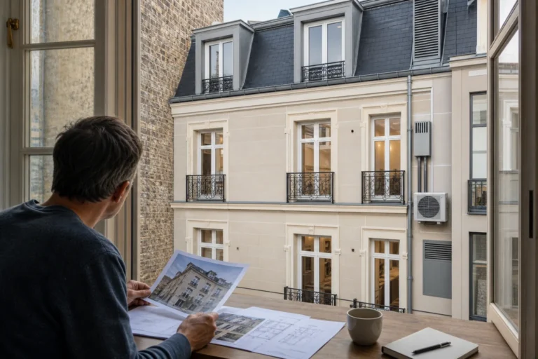 Immeuble ancien rénové et documents d'investissement locatif pour illustrer le statut de bailleur privé