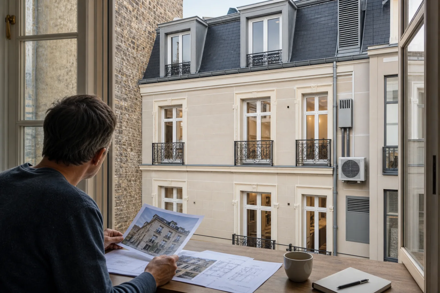 Immeuble ancien rénové et documents d'investissement locatif pour illustrer le statut de bailleur privé