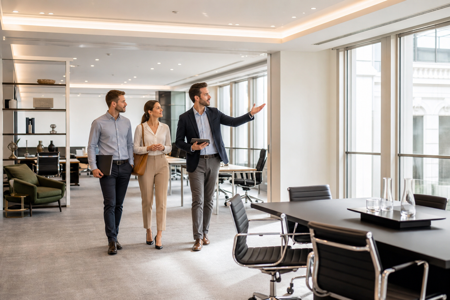Visite de bureaux modernes avant signature d’un bail professionnel