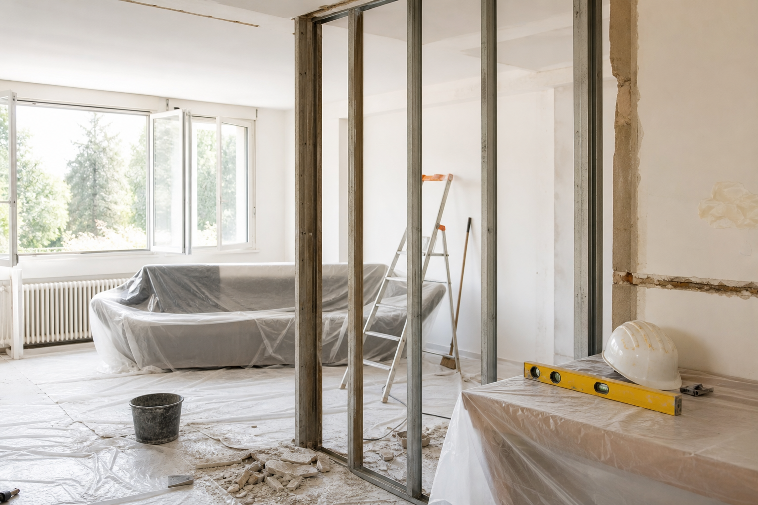 Cloison ouverte dans une pièce en rénovation avant vérification technique