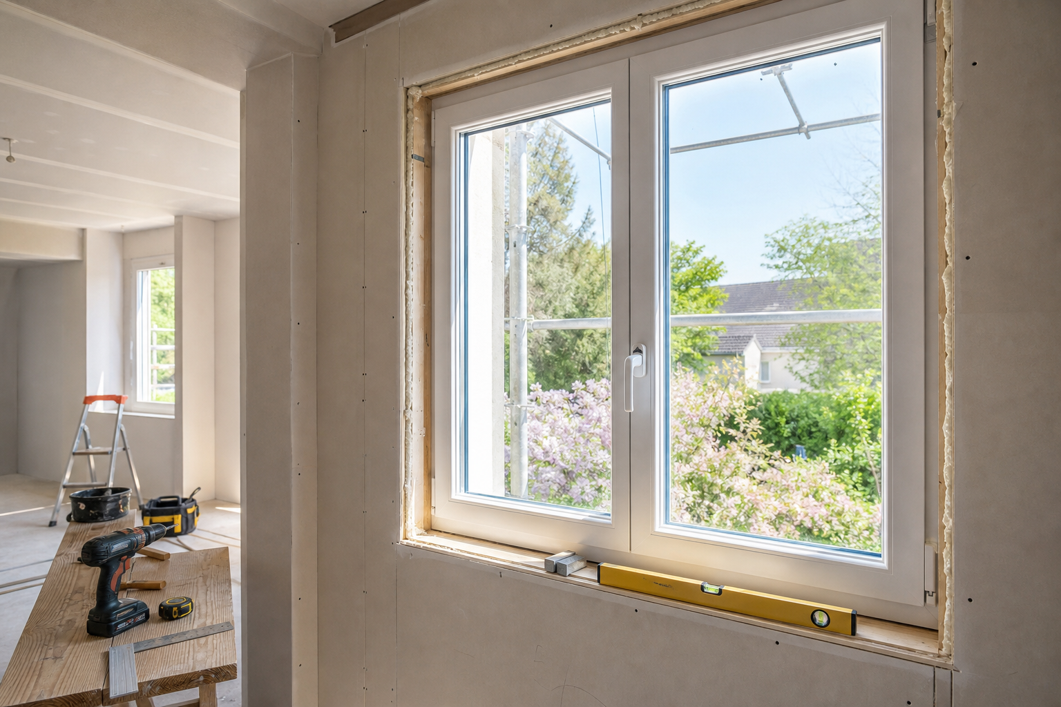 Pose de fenêtre neuve pendant une rénovation de menuiseries