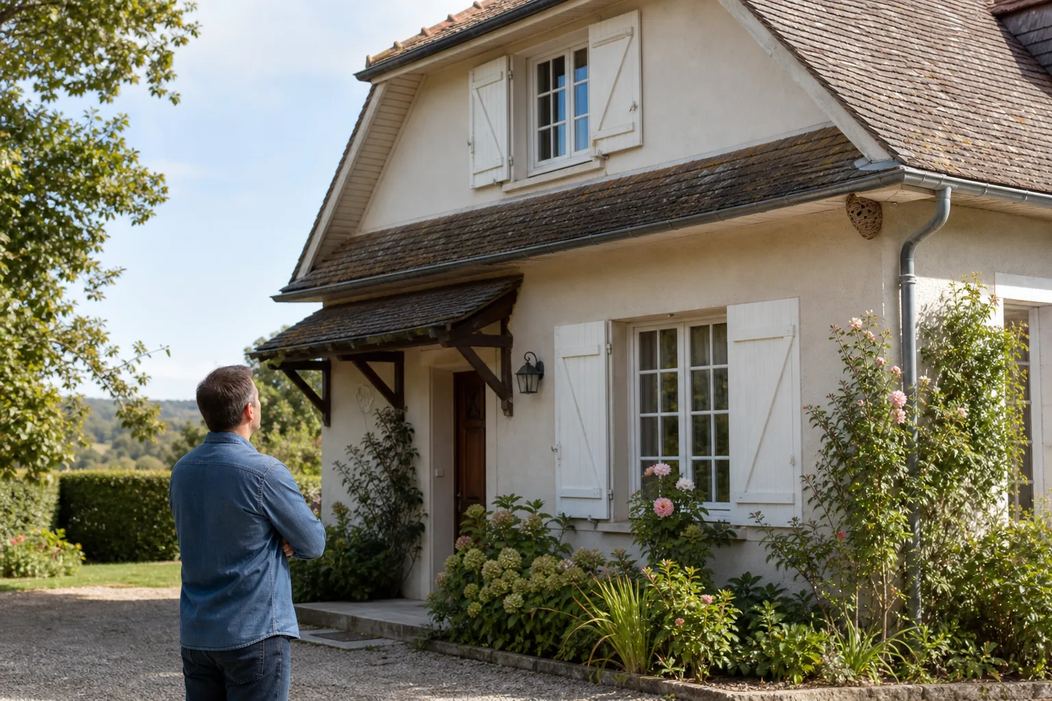 Nid de guêpes ou de frelons sous une toiture de maison, observé à distance