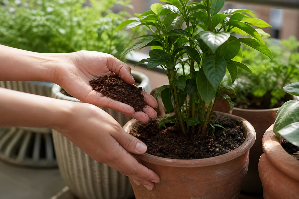 Marc de café déposé en petite quantité au pied de plantes en pot