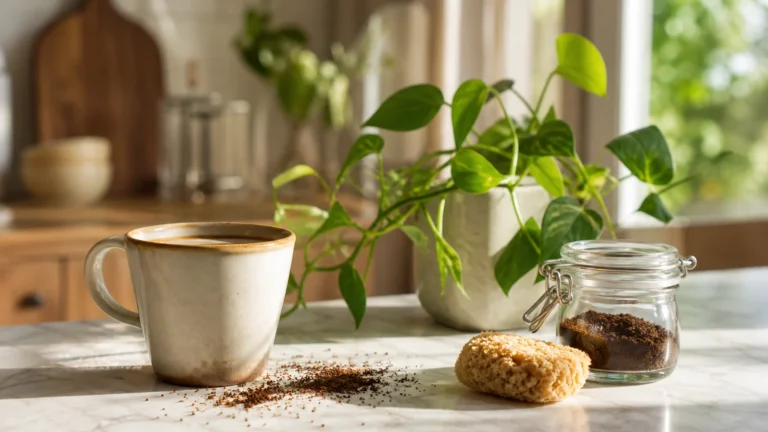Marc de café du matin sur un plan de travail avec plante et pot en verre