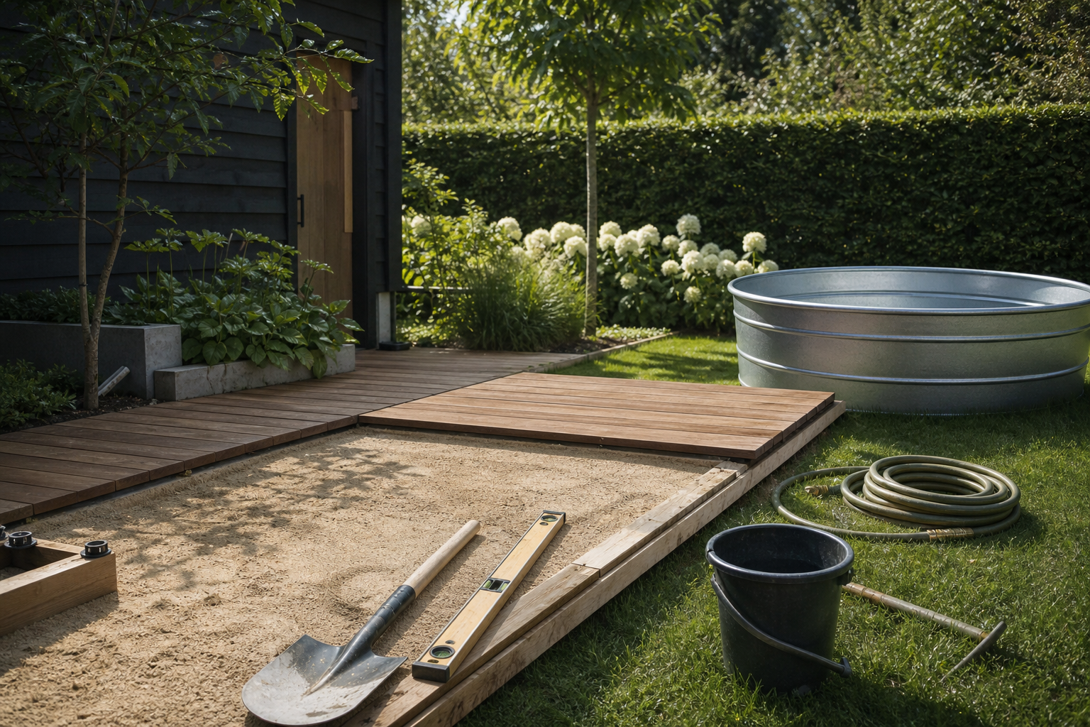 Préparation d’un coin baignade compact avec bassin en acier dans un jardin