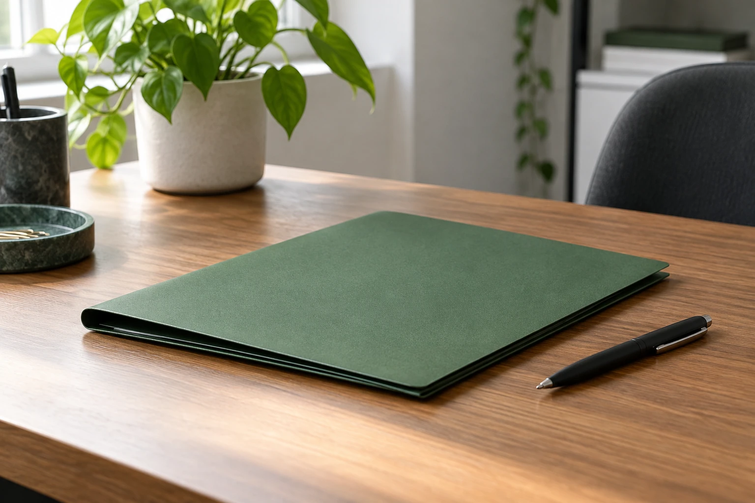 Chemise verte fermée posée sur bureau en bois, stylo noir et plante à côté