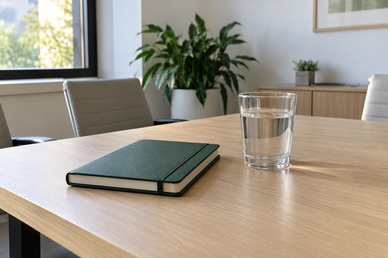 Carnet vert fermé et verre d'eau sur table de réunion lumineuse, plante en arrière-plan