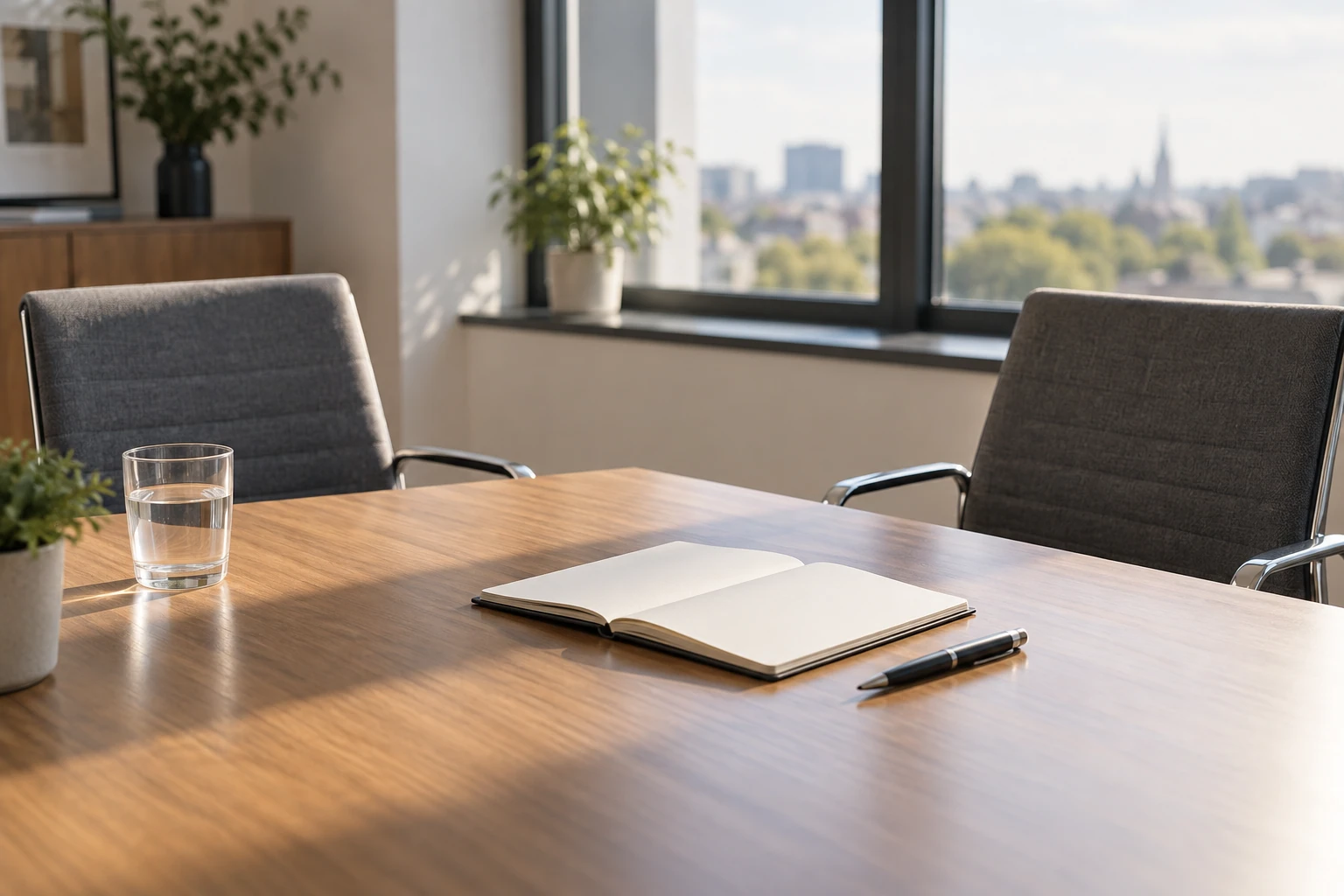 Table de réunion vide avec carnet ouvert, stylo, verre d'eau et chaises près d'une fenêtre