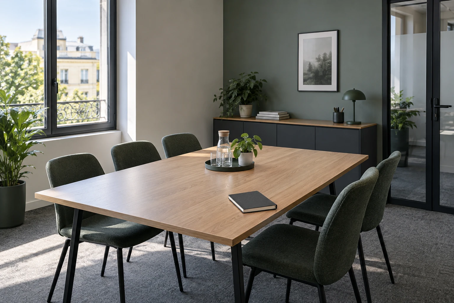 Salle de réunion lumineuse avec table en bois, six chaises vertes et carnet