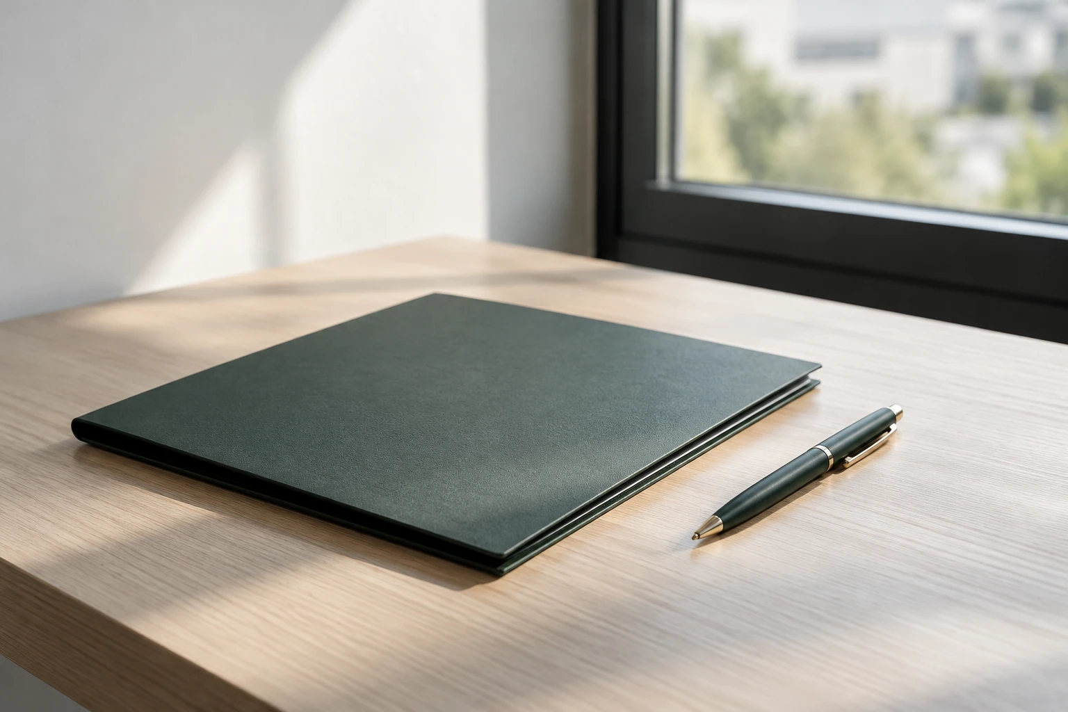 Dossier vert fermé et stylo doré posés sur bureau en bois près d'une fenêtre lumineuse